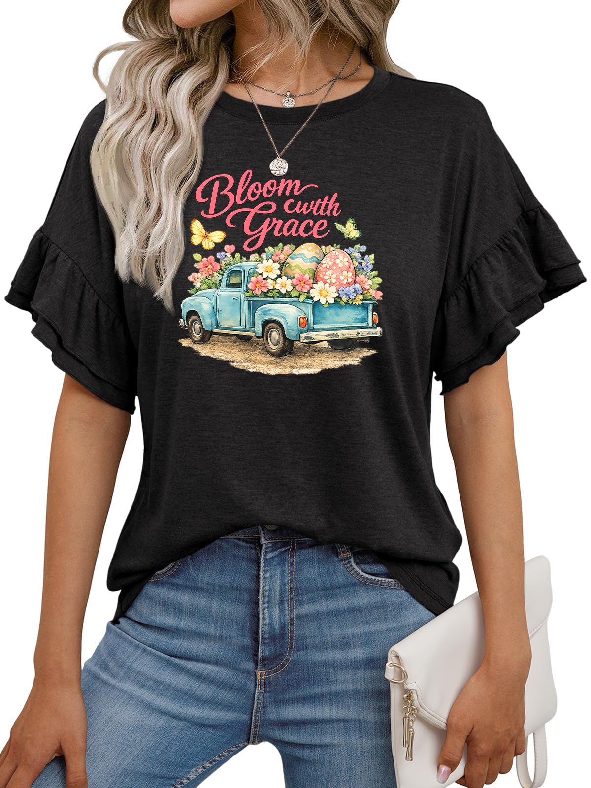 Vintage Easter Truck Graphic Ruffle Sleeve Tee