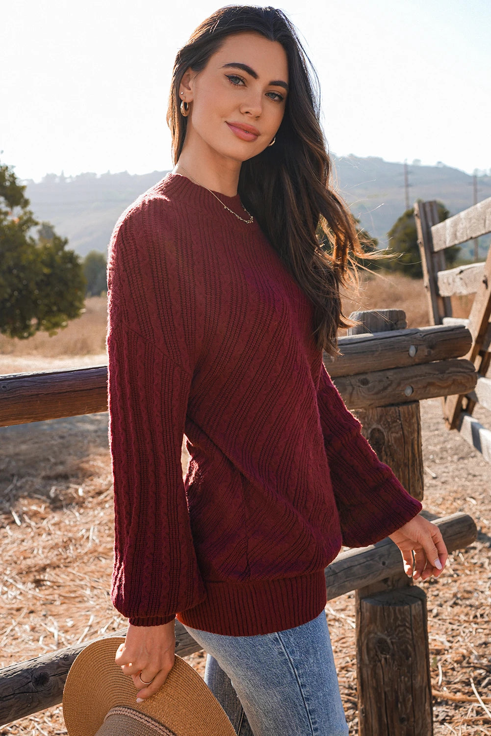Ginger Solid Color Textured Knit High Neck Drop Shoulder Sweater