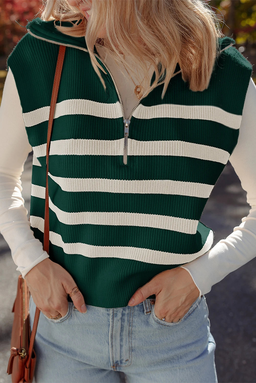 Chicory Coffee Ribbed Half Zip Collared Sweater Vest