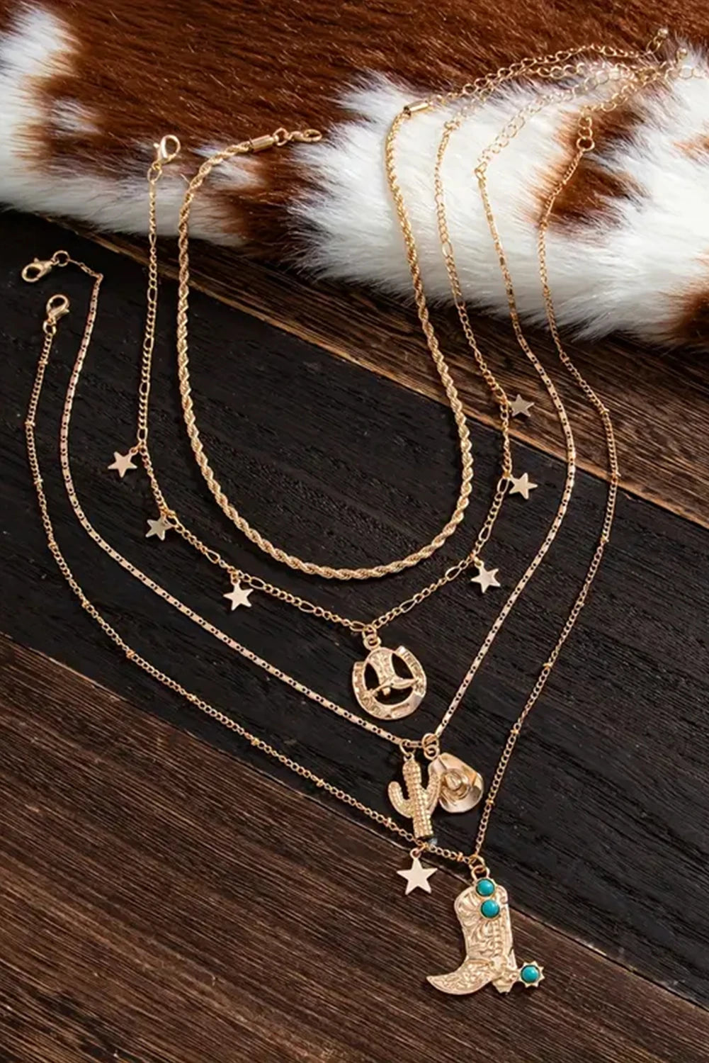 Gold 4pcs Alloy Plated Turquoise Boot Pendant Western Necklace Set
