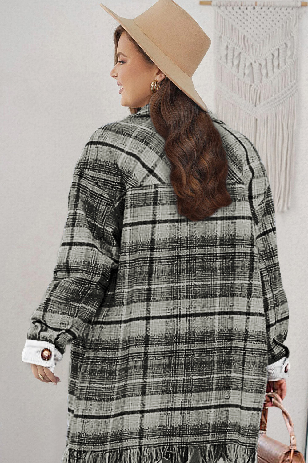 Gray Plus Size Macrame Plaid Coat