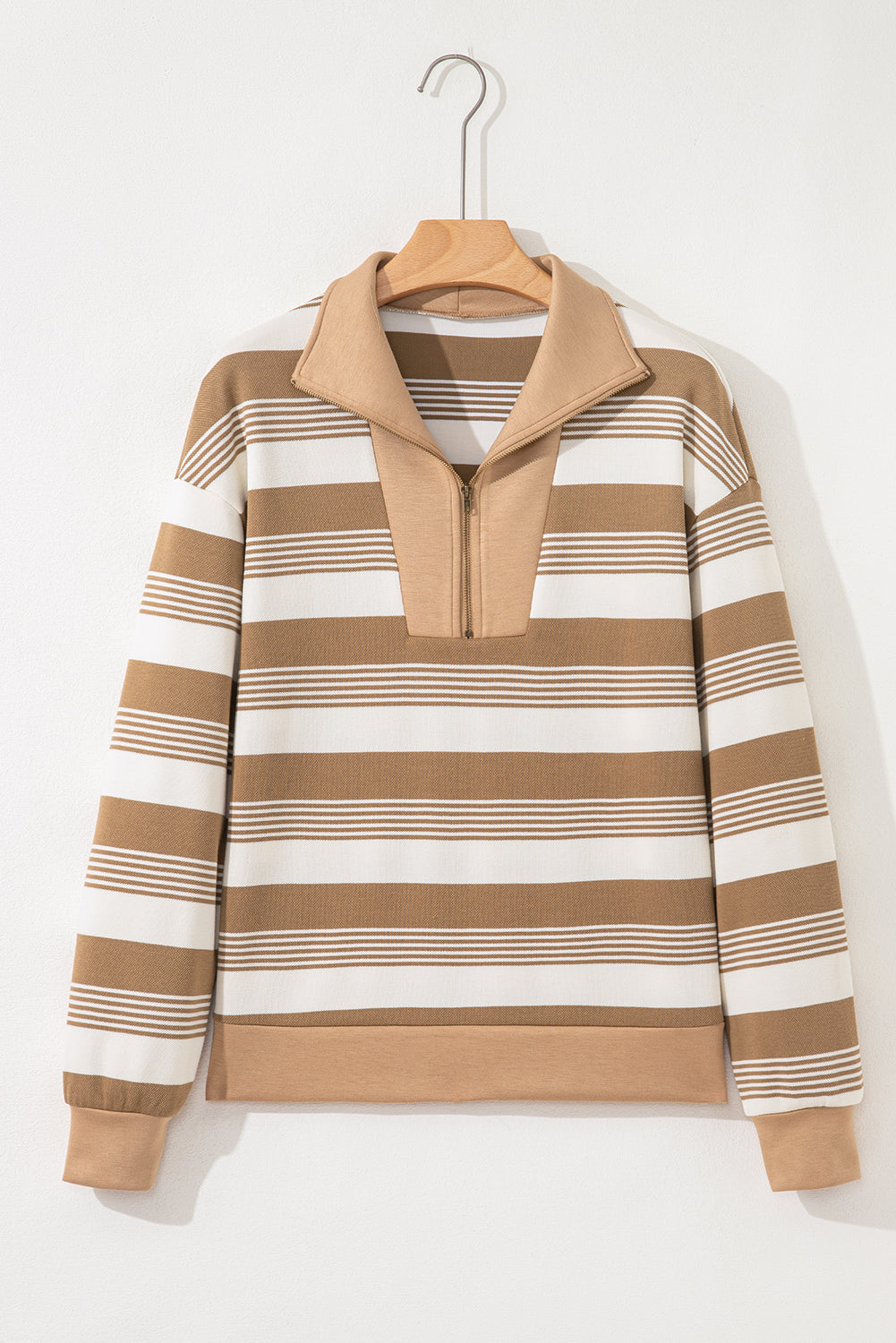 Khaki Stripe Zip Collar Patchwork Vintage Fashion Sweatshirt