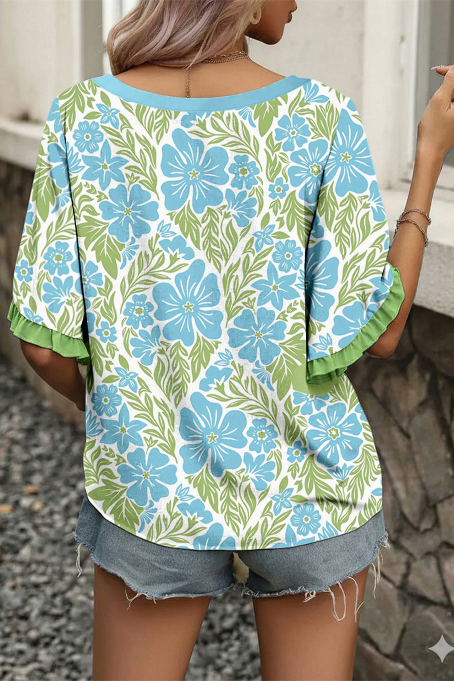Floral Viscose Blouse Casual Ruffle Trim Flutter Sleeve Top