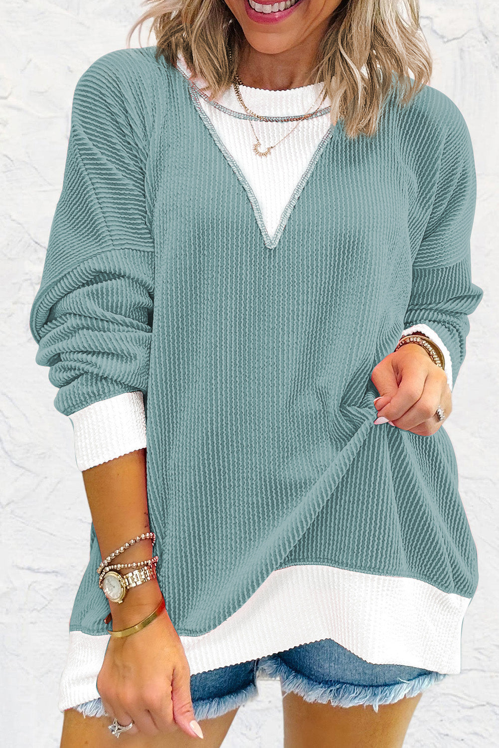 Blossom Corded Colorblock Drop Shoulder Loose Top