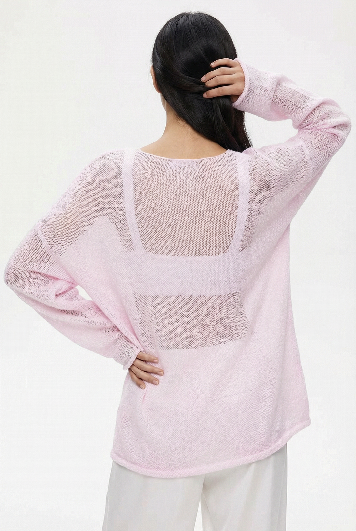 Solid Color Sheer Knit Drop Shoulder Sweater Top
