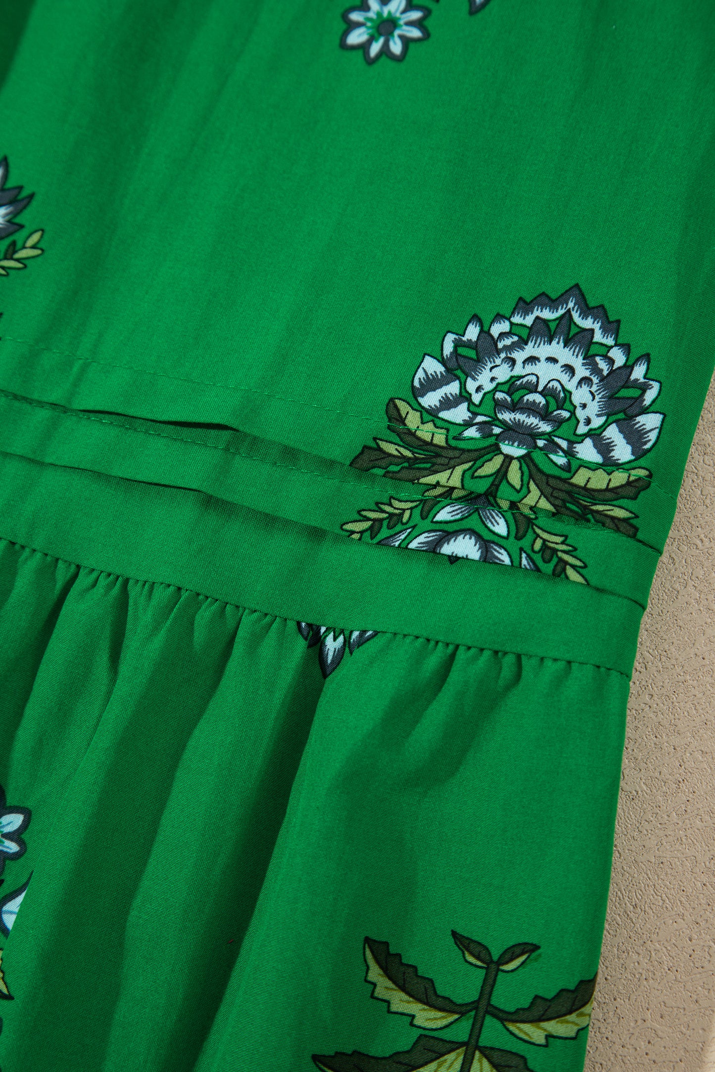 Green Floral Print Split Neck Shirred High Waist Ruffle Hem Maxi Dress
