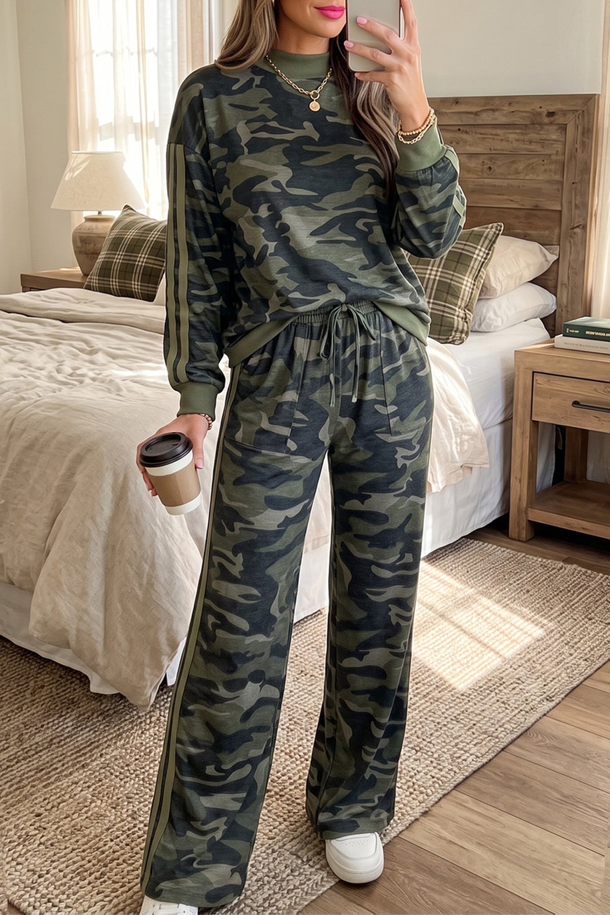 Multicolour Camouflage Patchwork Striped Detail Long Sleeve Top Casual Pants Set