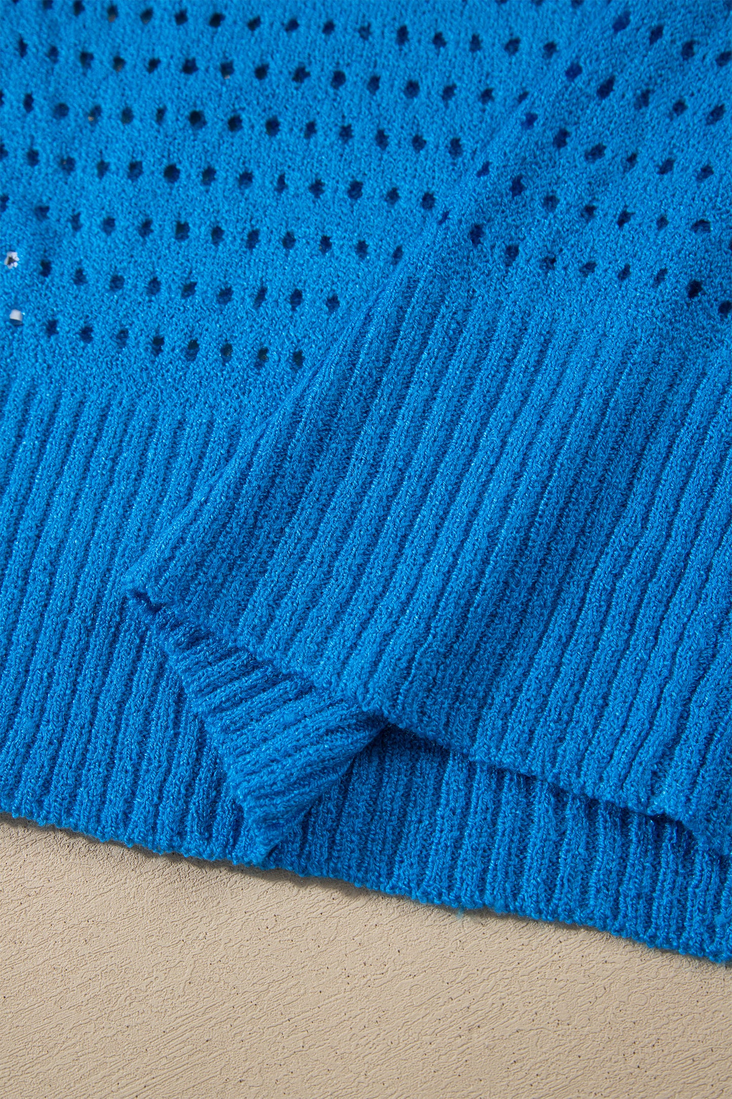 Sky Blue Solid Color Hollowed Knit Short Sleeve Zipper Collar Knitwear Top