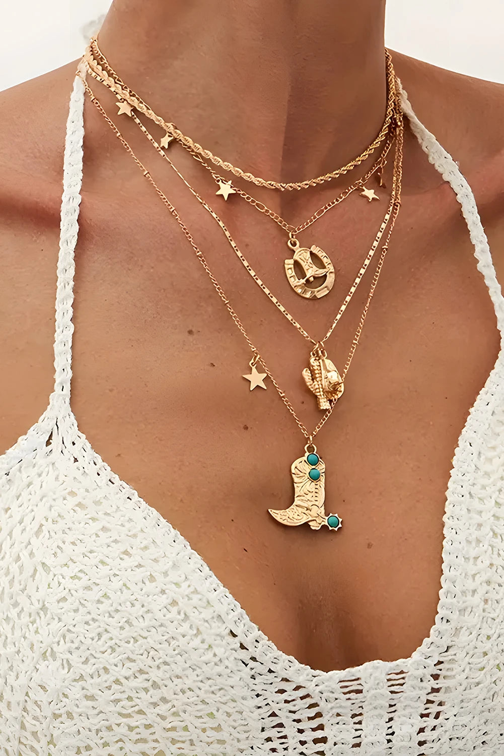 Gold 4pcs Alloy Plated Turquoise Boot Pendant Western Necklace Set