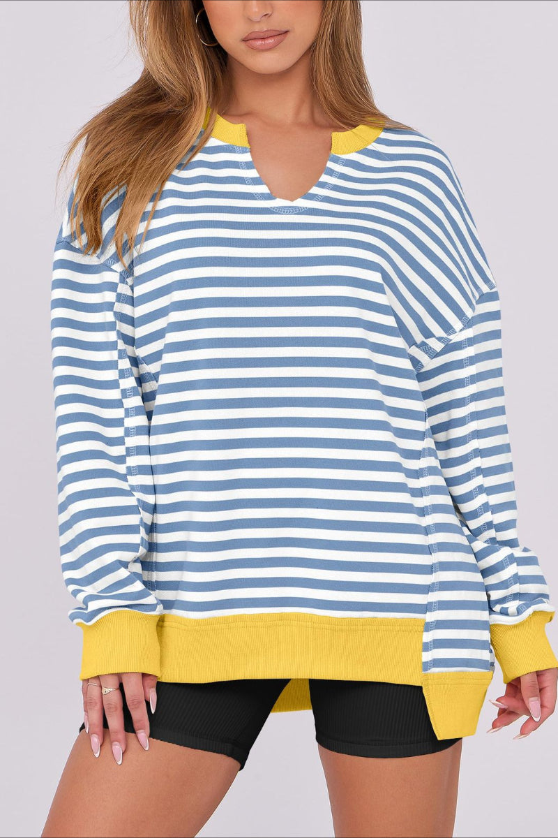 Striped V-Neck Pullover Sweatshirt with Contrast Trim