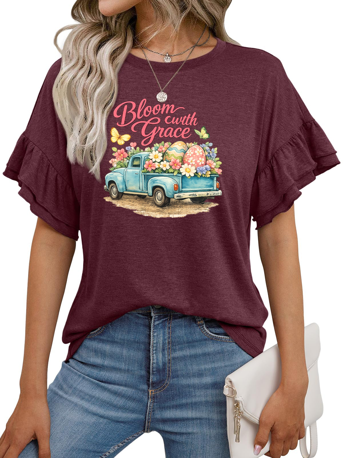 Vintage Easter Truck Graphic Ruffle Sleeve Tee