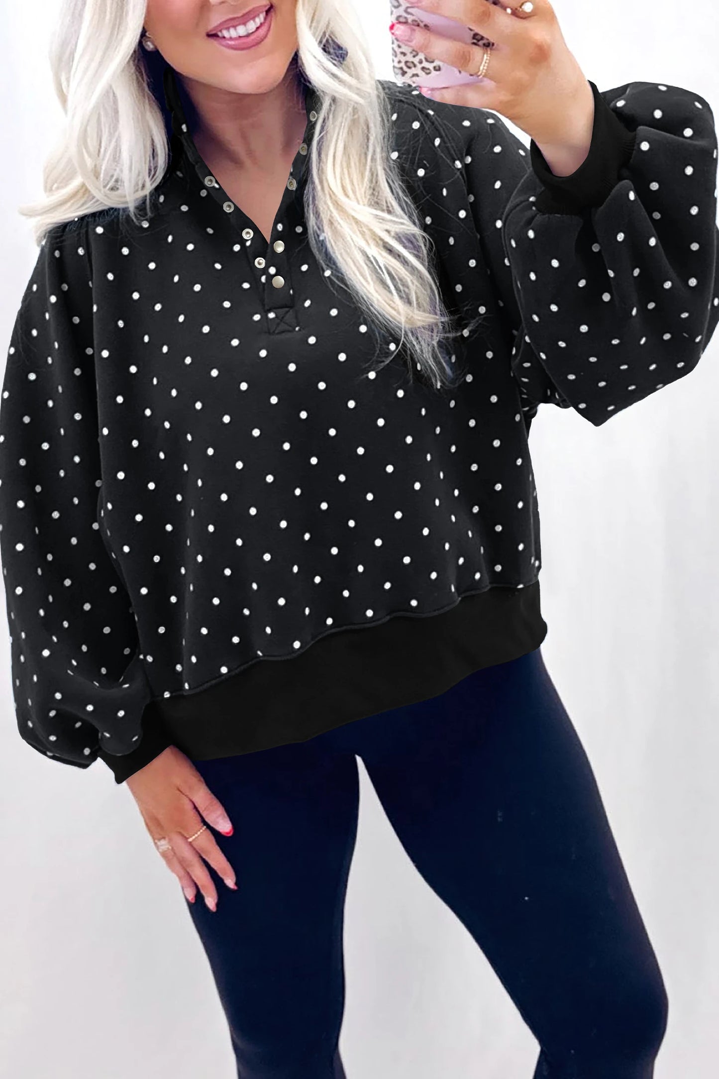 Polka Dot Print Metal Button Collar Casual Pullover Sweatshirt