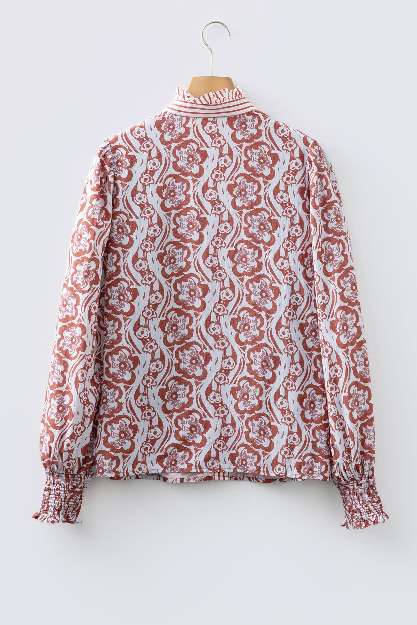 Floral Print Frilled Striped Trim Button Down Smocked Cuffs Long Sleeve Shirt