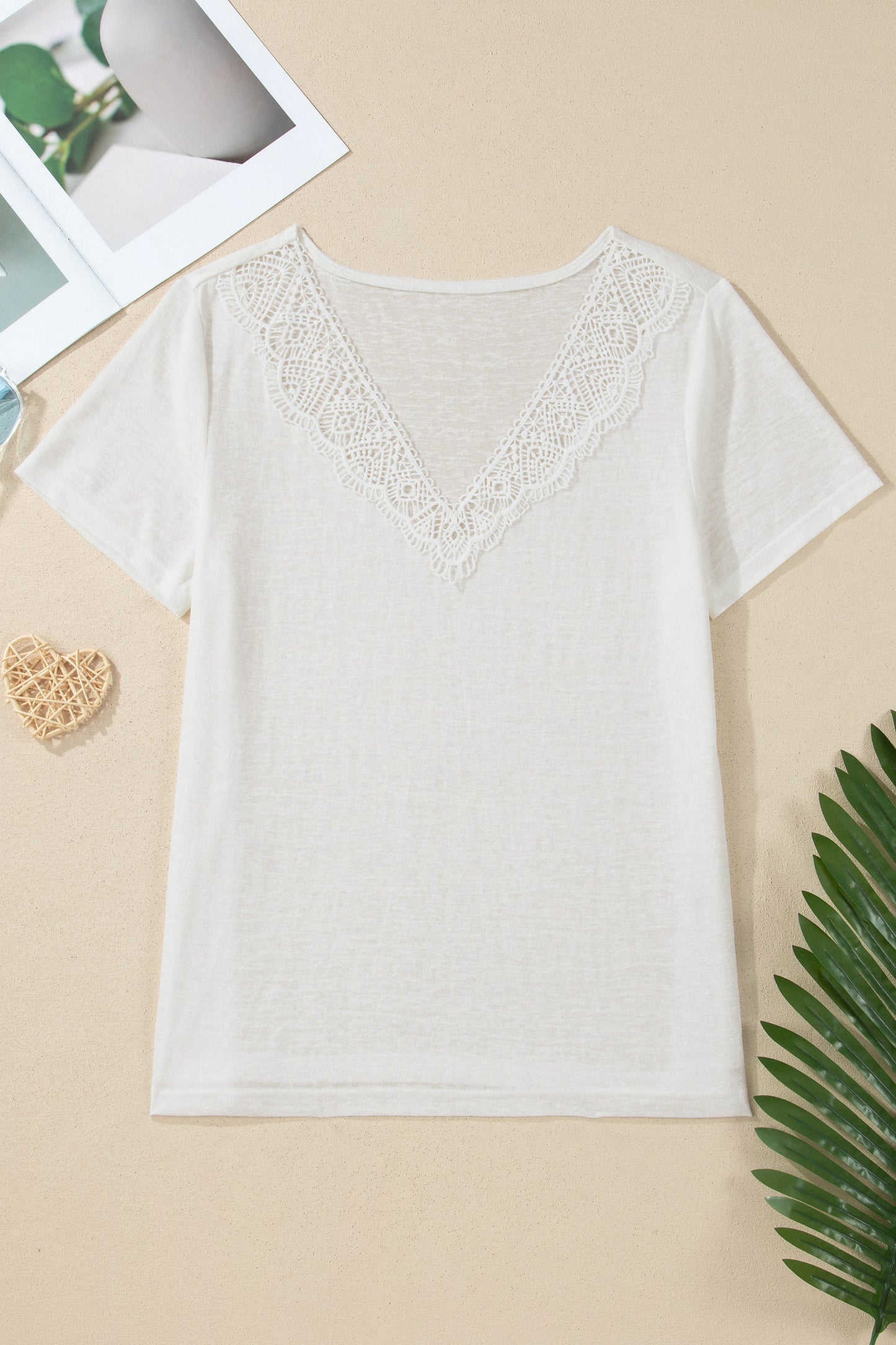 Patchwork Lace Viscose Tee Casual Summer V-Neck Top