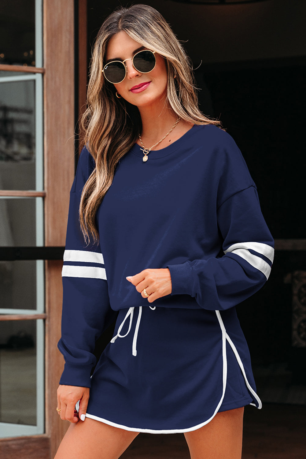 Orange Varsity Stripe Detail Drop Shoulder Pullover Mini Skirt Set