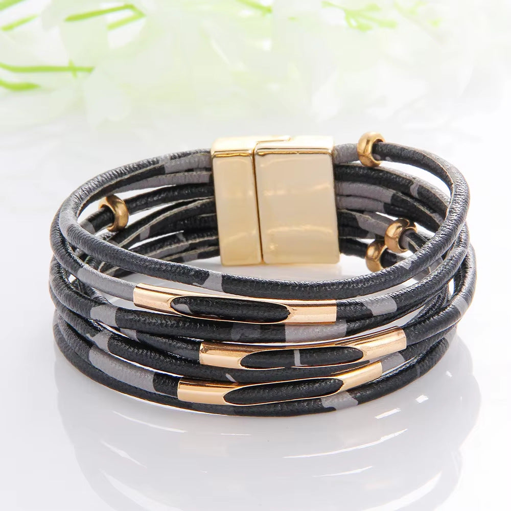 Leopard Leather Wrap Bracelet for Women Magnetic Clasp