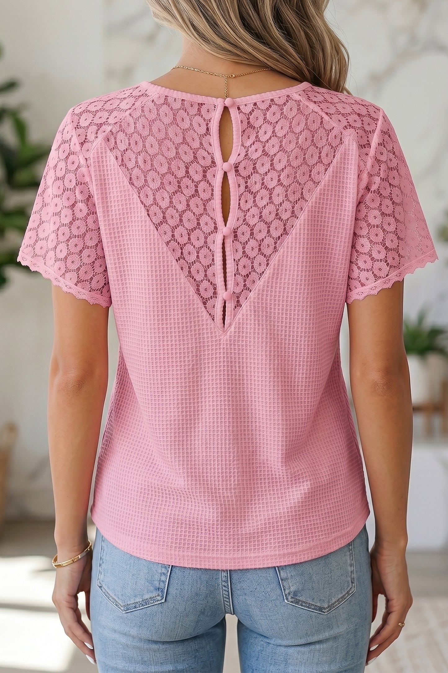 Patchwork Lace Viscose Blend Blouse Casual V-Neck Shift Top
