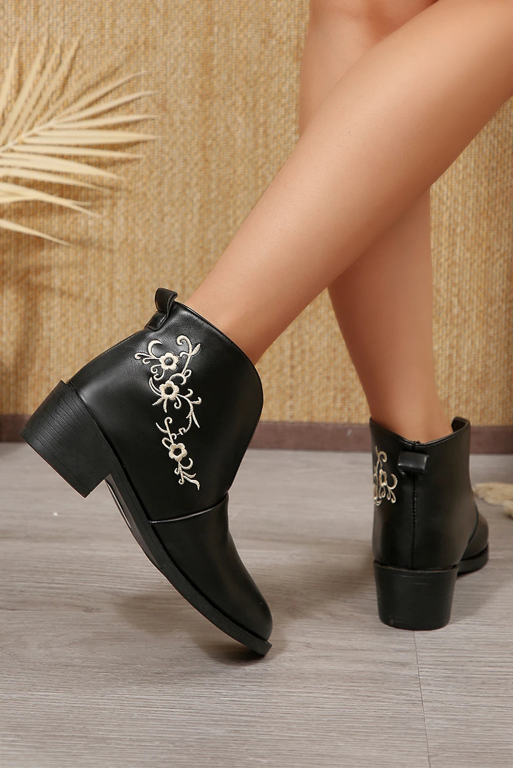 Black PU Leather Flower Embroidered Detail Point Toe Boots
