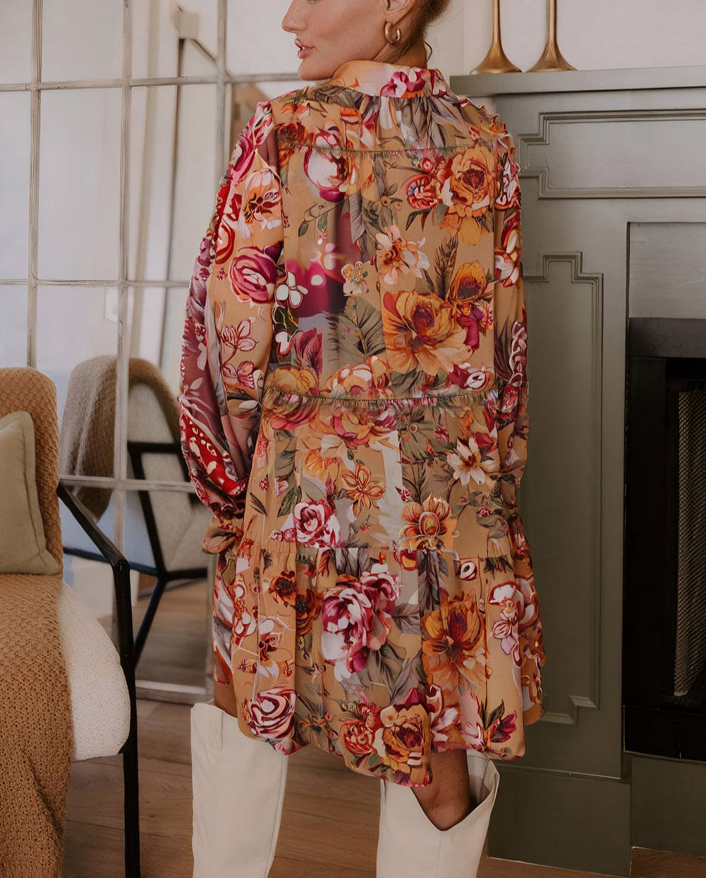Brown Vintage Floral Print Shirt Style Half Button Long Sleeve Ruffle Mini Dress