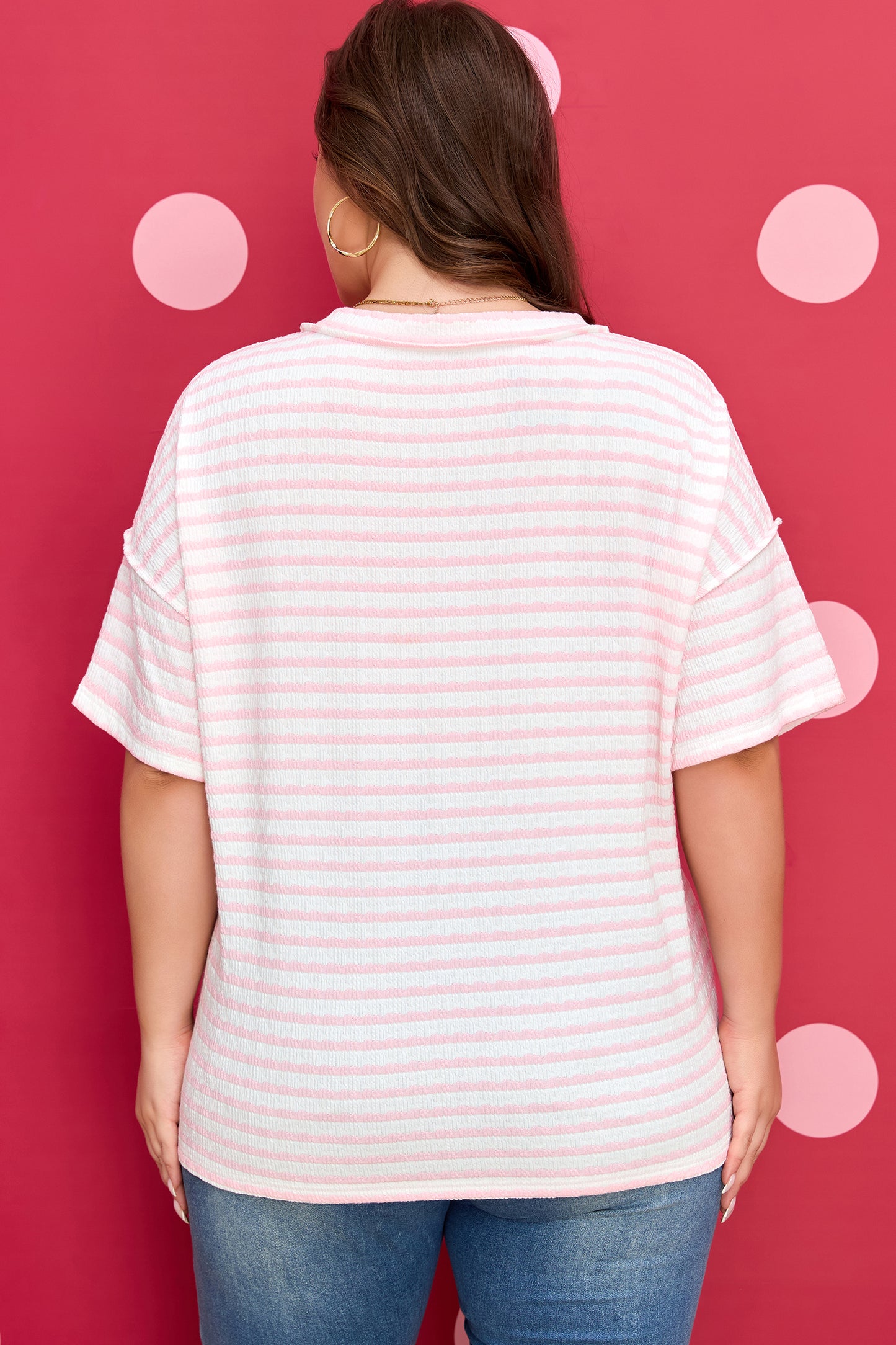 Pink Stripe Plus Size V Neck Exposed Seam Patchwork T Shirt