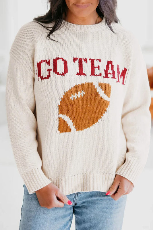 Beige Go Team Football Sweater Drop Shoulder Knit Top