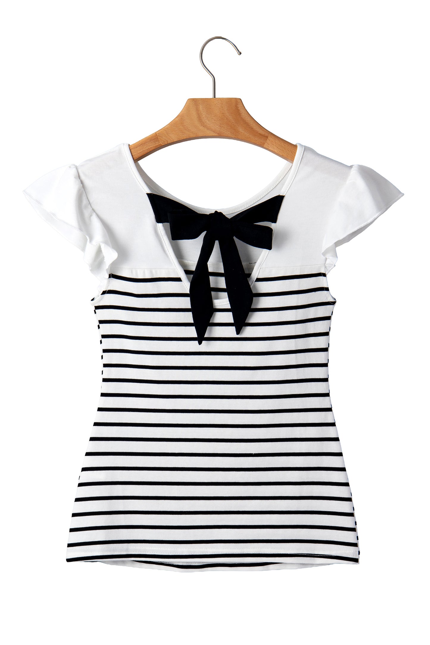 Striped Cotton Tank Top Elegant Bow Back Frill Sleeve