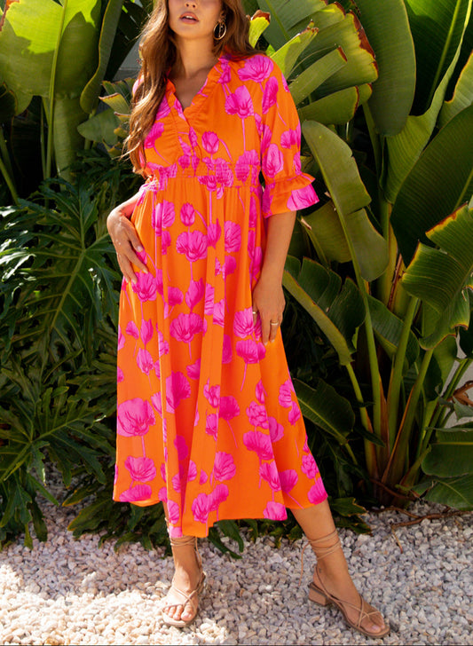 Orange Floral Print Frilly Smocked V Neck 3/4 Sleeve Long Dress