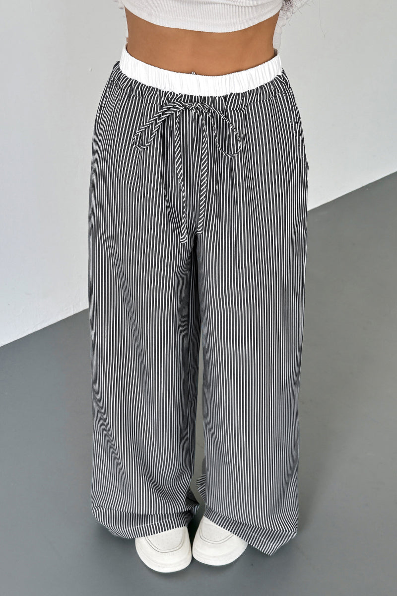 Striped High Waist Wide Leg Casual Drawstring Pants Women