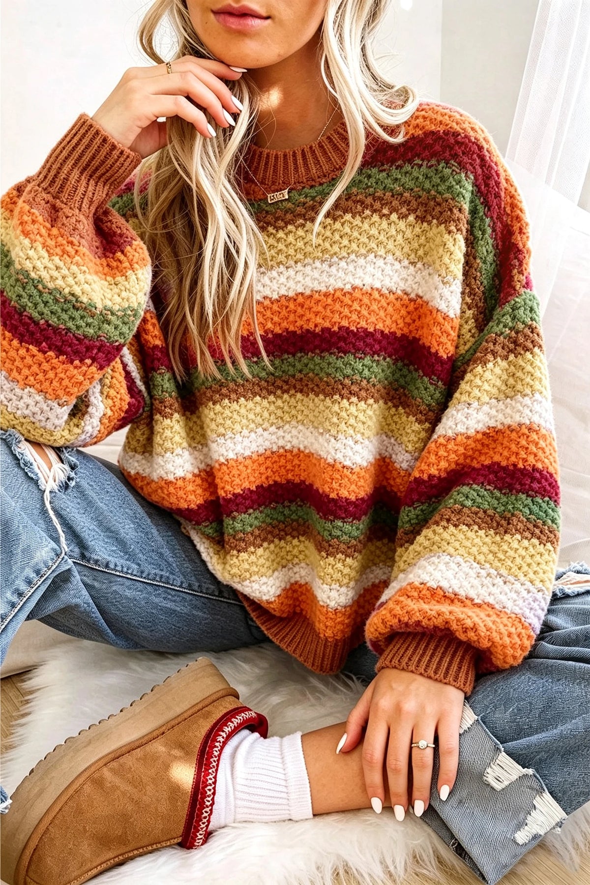 Rose Red Rainbow Striped Knit Round Neck Puff Sleeve Sweater