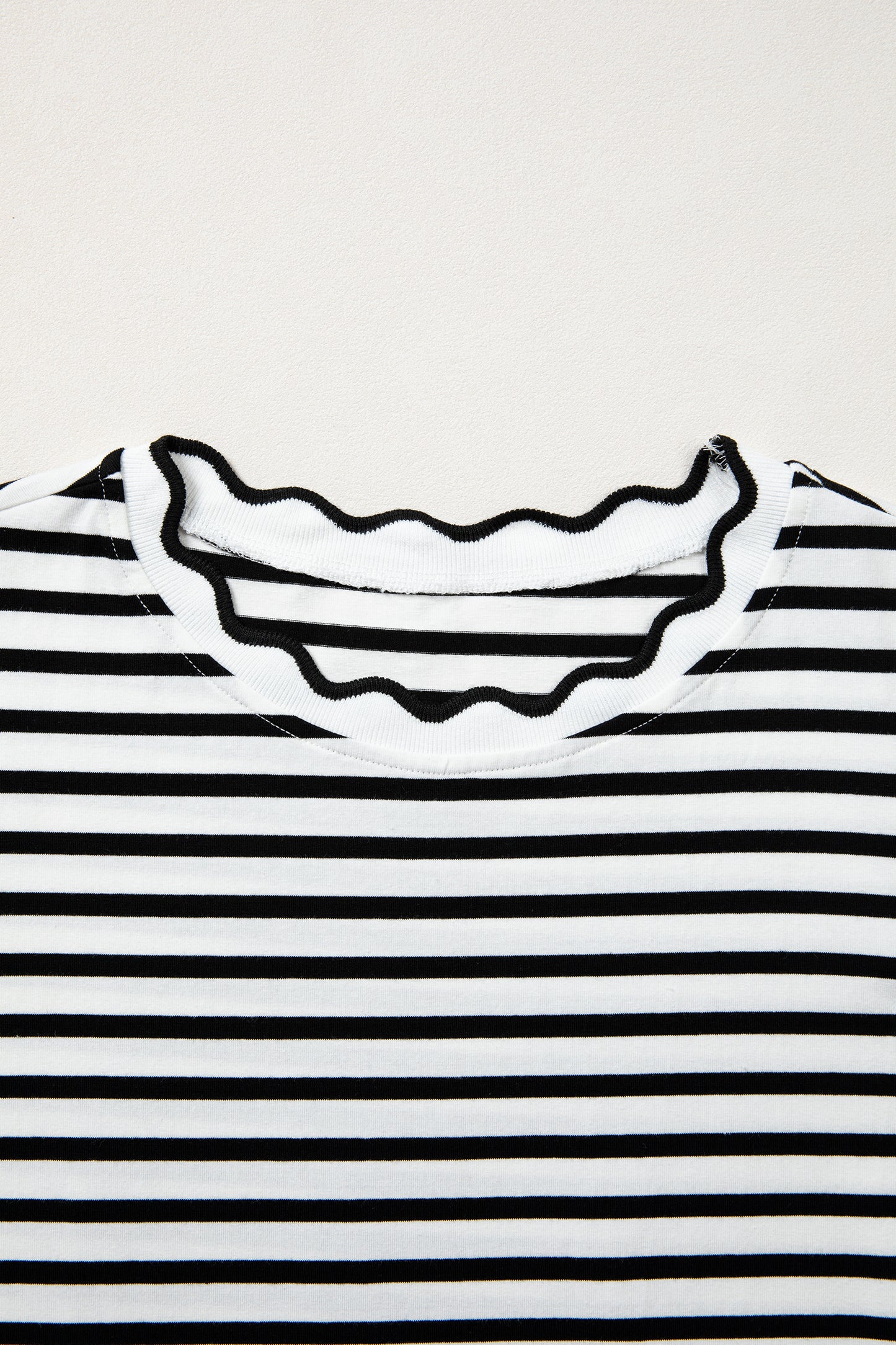 Black Stripe Scalloped Trim Round Neck T Shirt