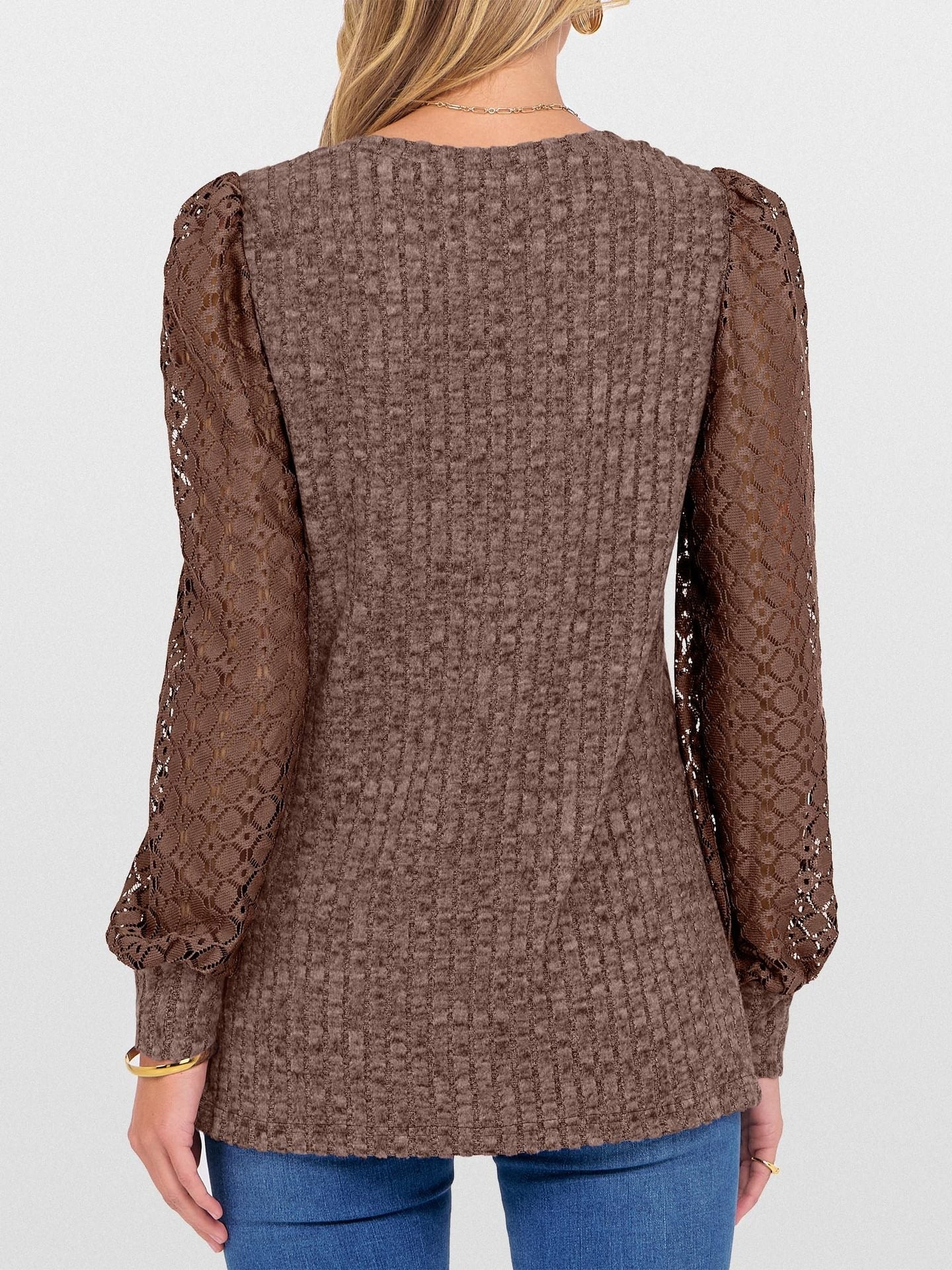 V-Neck Knit Top with Lace Puff Long Sleeves