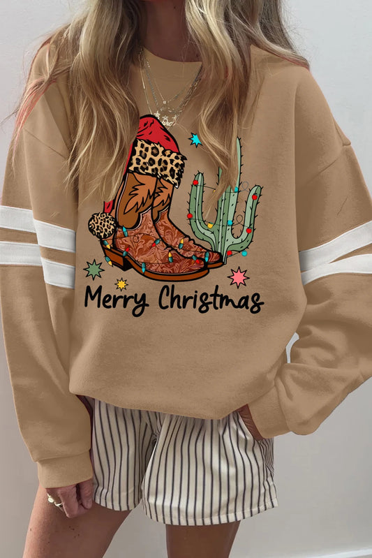 Light French Beige Merry Christmas Western Boots Printed Varsity Baggy Sweatshirt