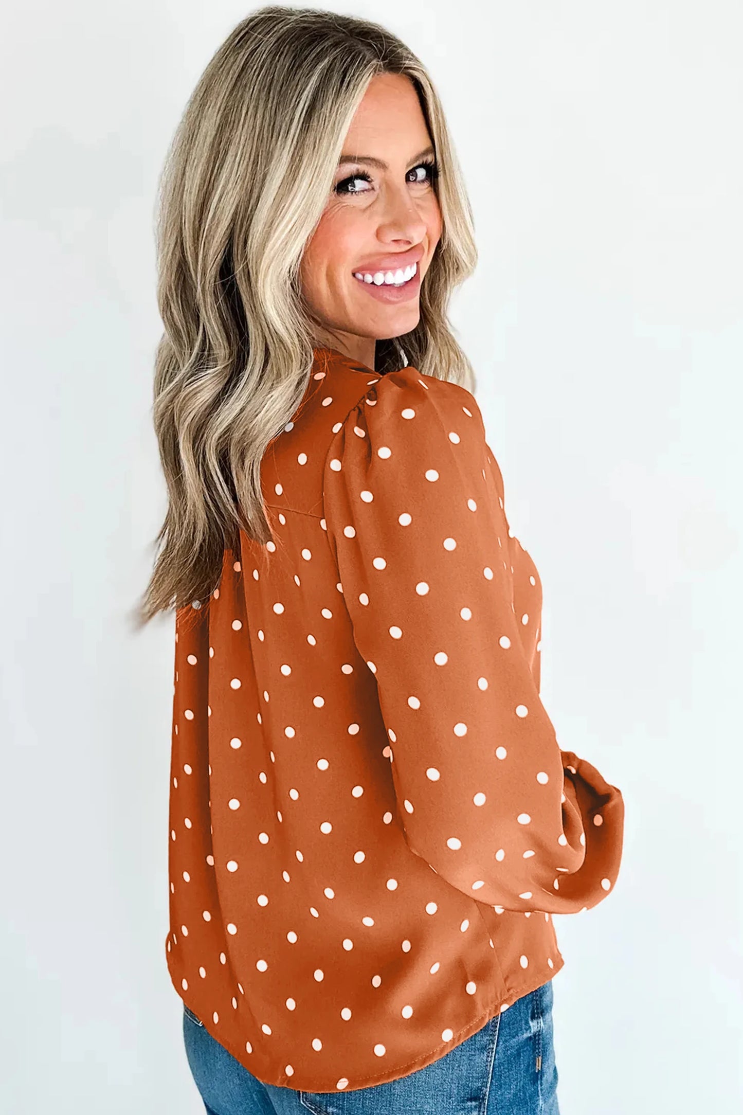Polka Dot Half Button V Neck Long Sleeve Blouse