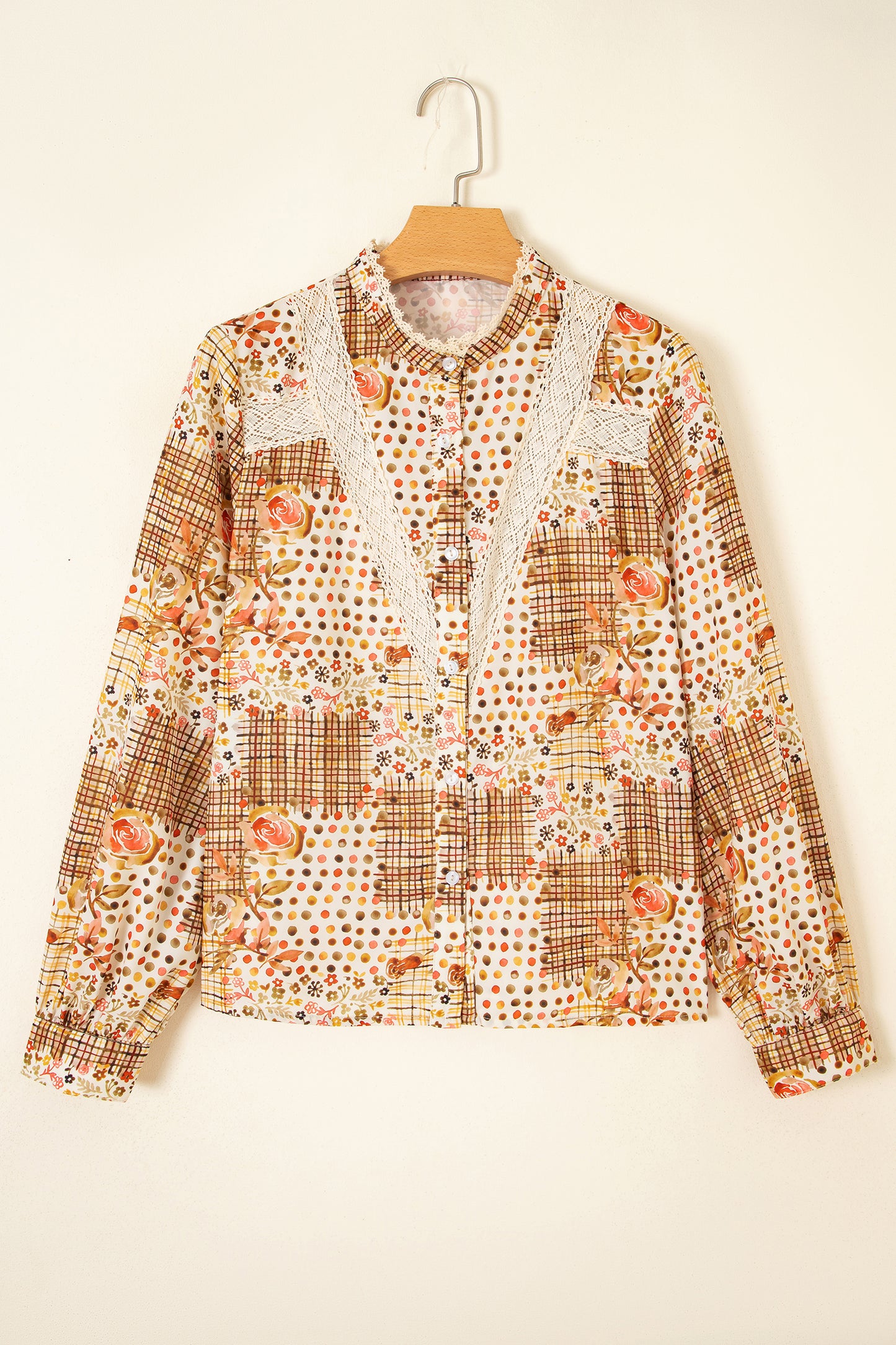 Brown Floral Lace Trim Button Down Long Sleeve Shirt