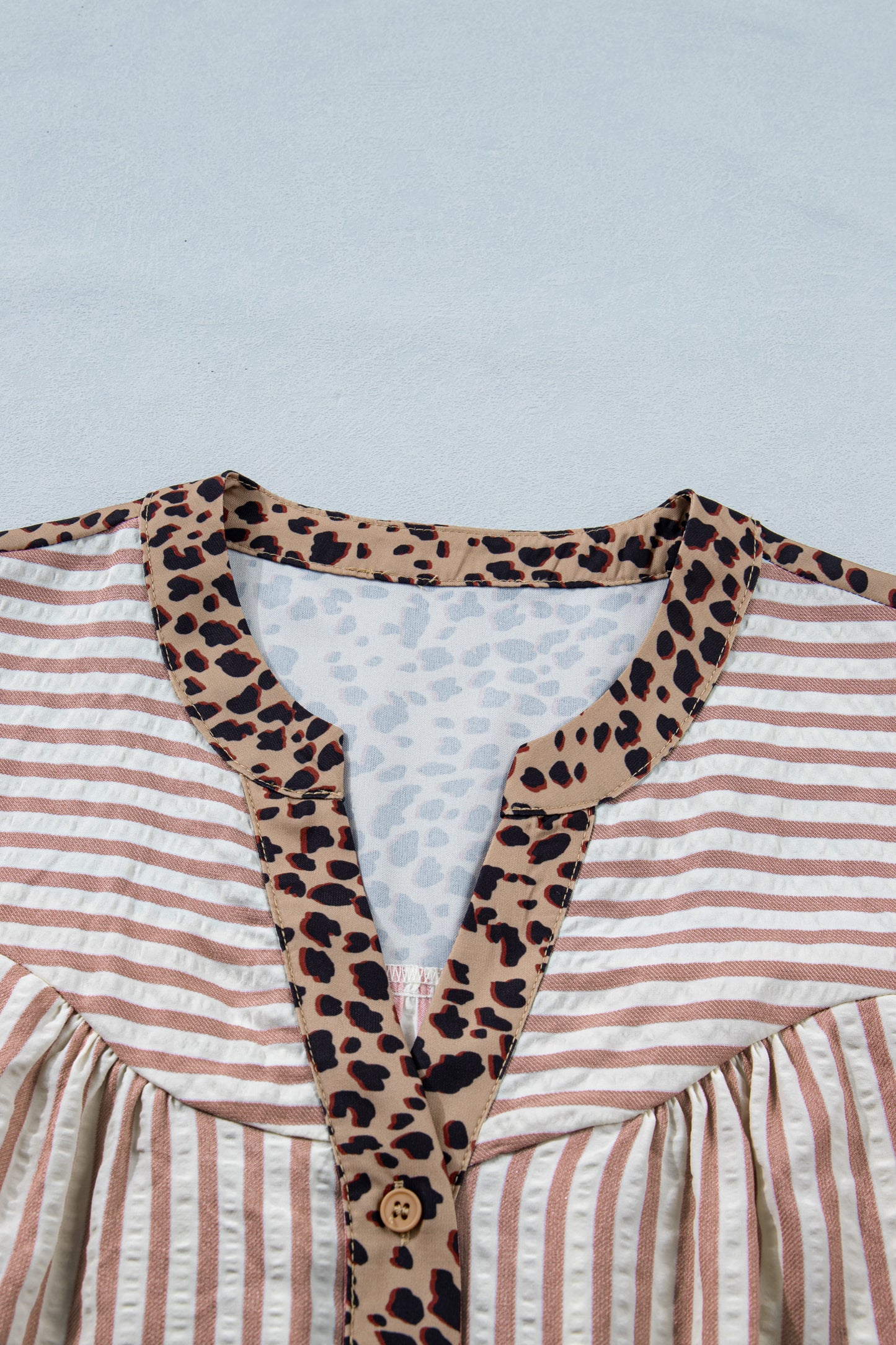 Pink Stripe Leopard Trim V Neck Button Down Half Sleeve Shirt
