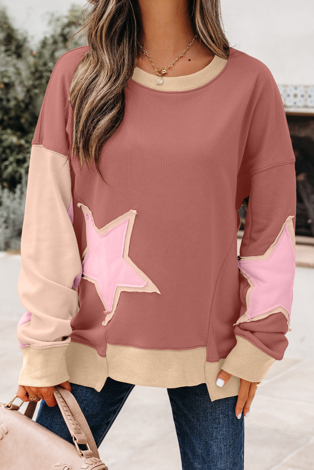 Rose Pink Contrast Star Patchwork Exposed Seam Uneven Hem Drop Shoulder Sweatshirt
