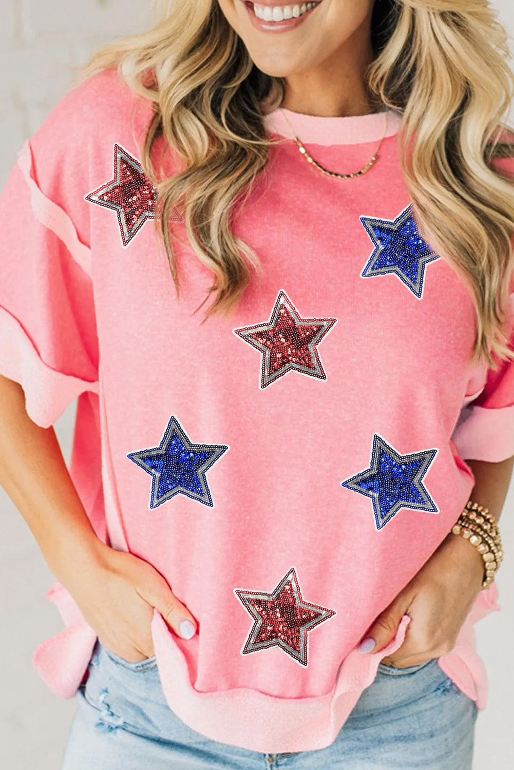 Peach Blossom Independence Day Sequin Star Graphic Contrast Patchwork Tee