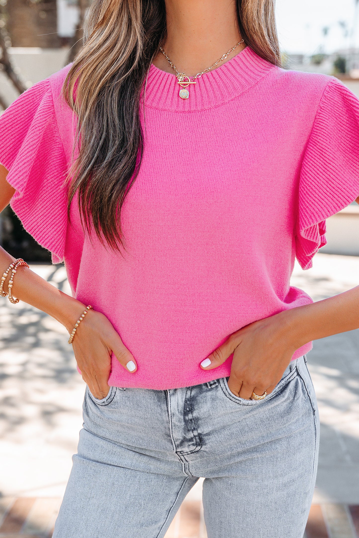 Sachet Pink Solid Color Ribbed Trim Round Neck Ruffle Short Sleeve Sweater