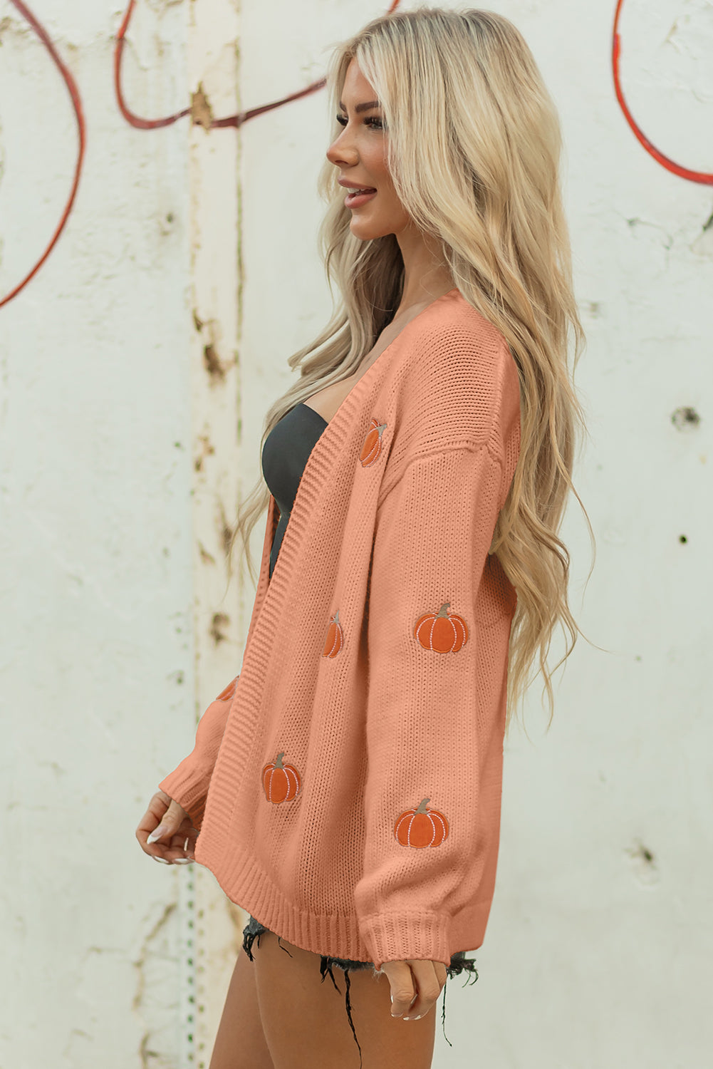 White Pumpkin Print Open Front Drop Shoulder Midi Cardigan