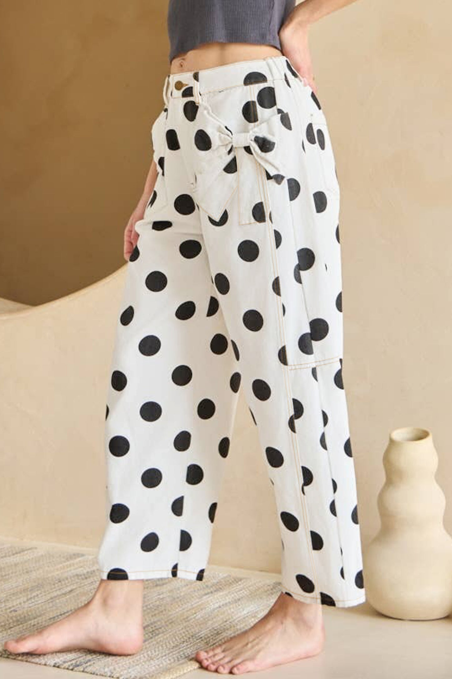 Polka Dot Cotton Jeans High Waist Bow Wide Leg