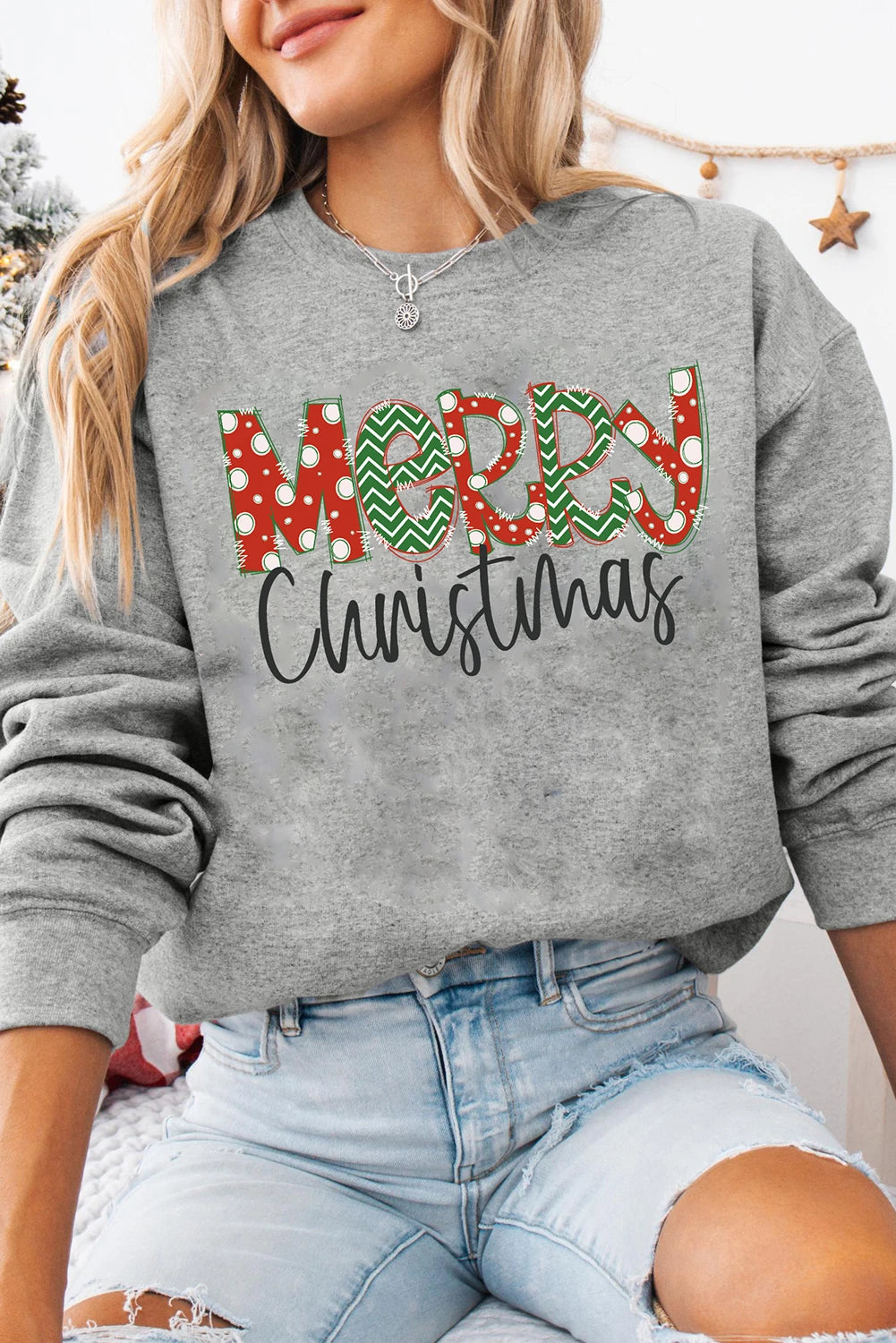 Gray Merry Christmas Festive Letter Print Drop Shoulder Sweatshirt