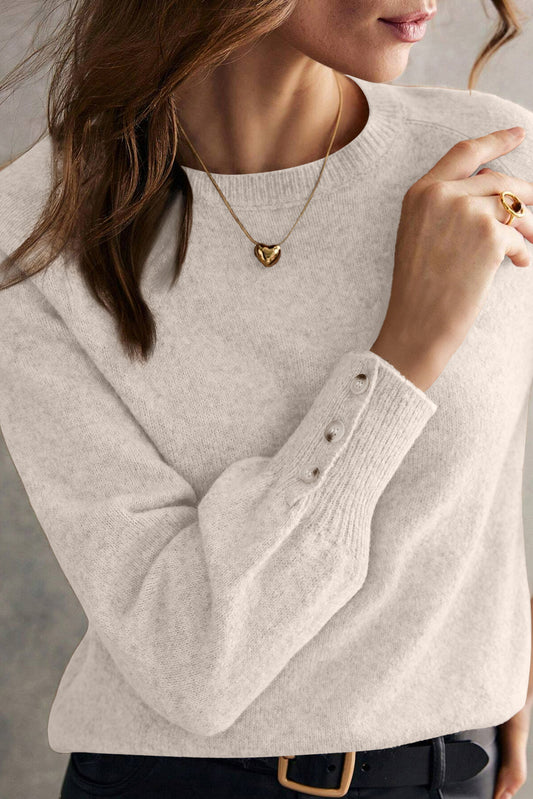 White Buttoned Bishop Sleeve Crew Neck Sweater