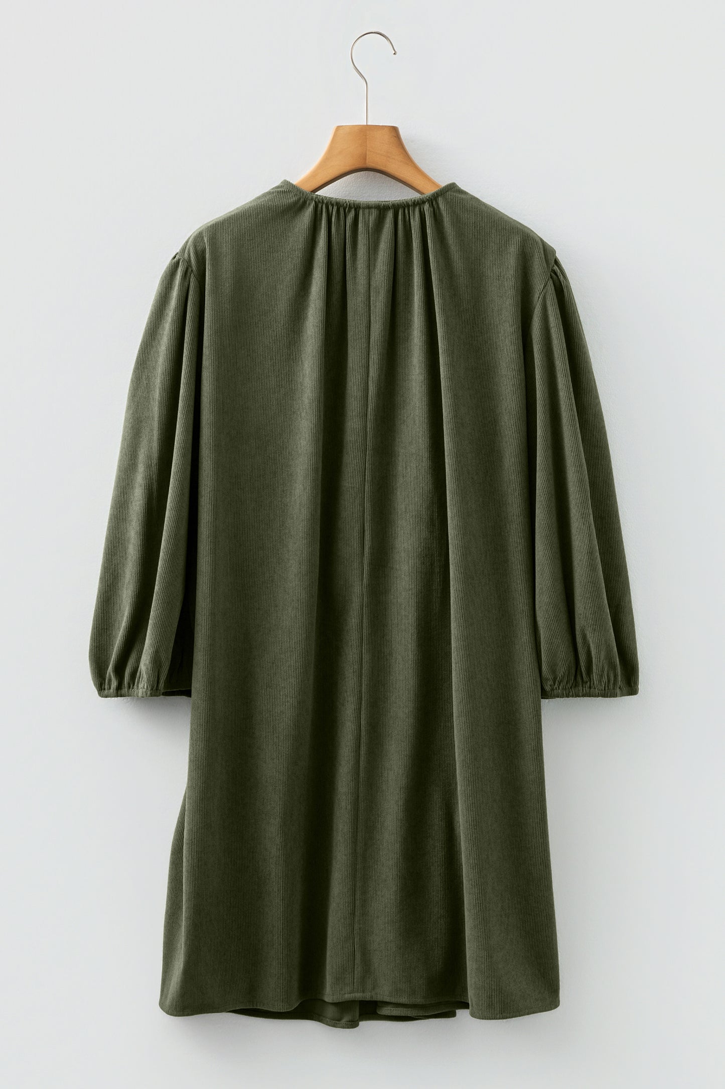 Cinnamon Bracelet Sleeve Split Neck Scallop Detail Pleated Corduroy Mini Dress