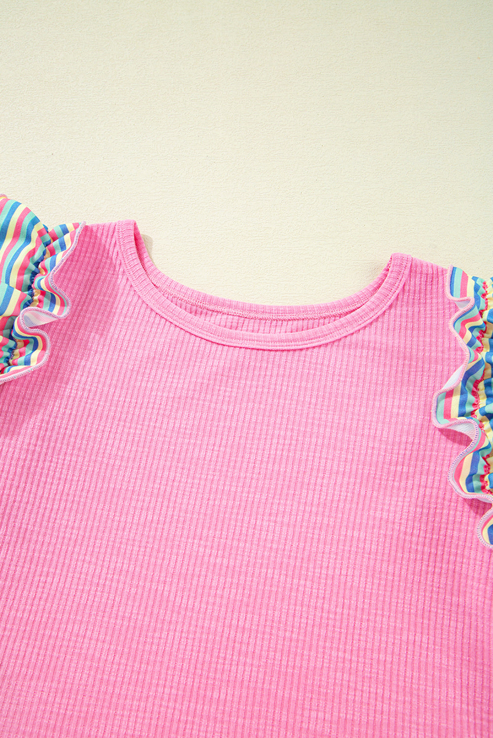 Bonbon Striped Ruffle Flutter Sleeve Ribbed Blouse