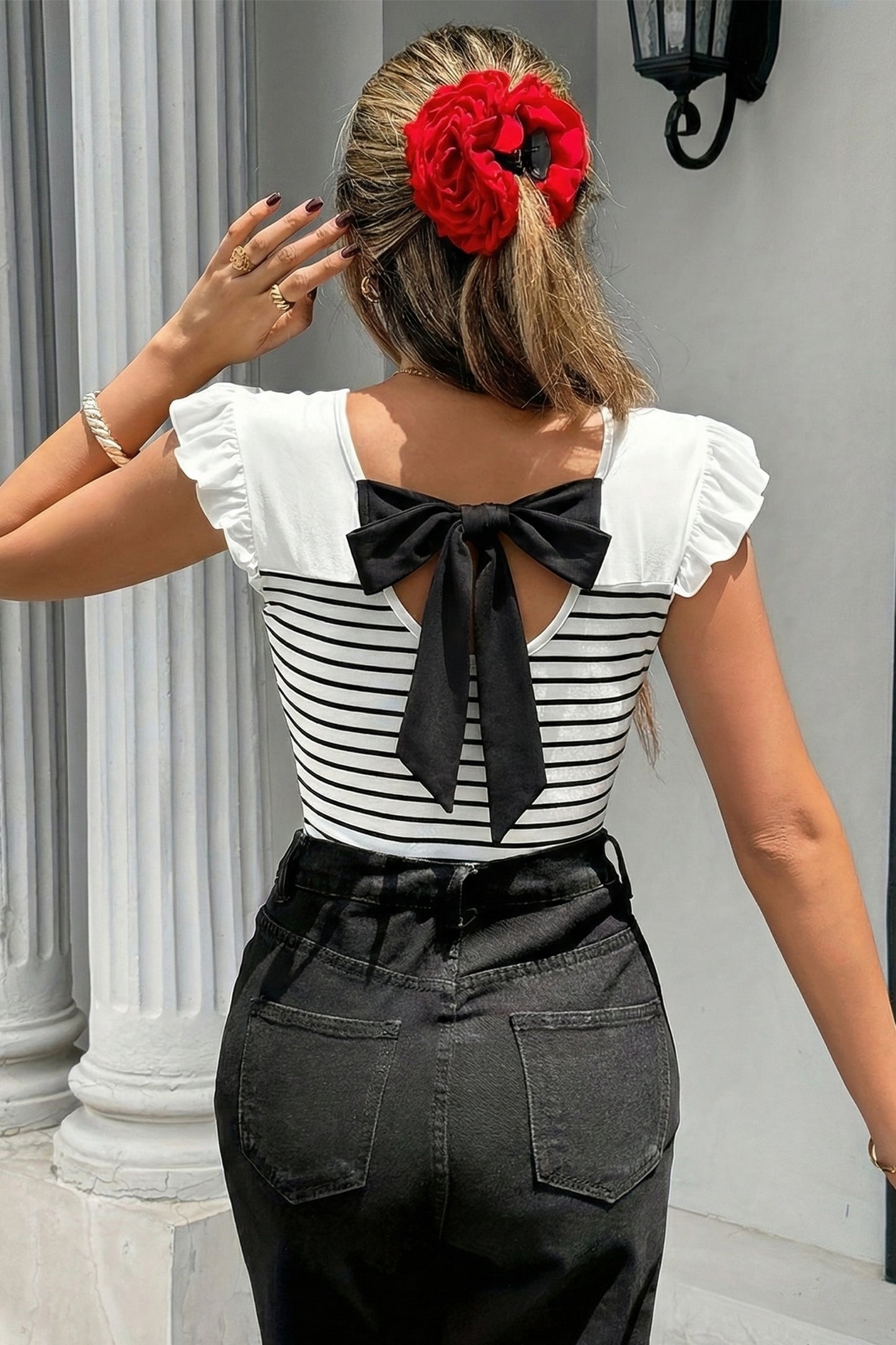 Striped Cotton Tank Top Elegant Bow Back Frill Sleeve