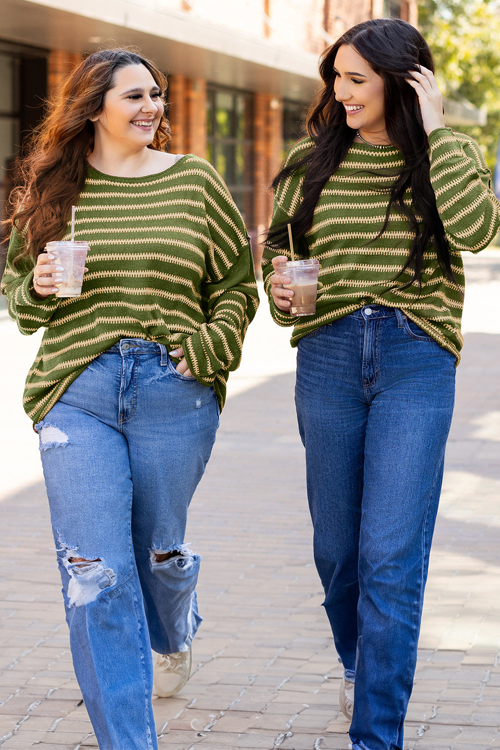Solid Color Stripe Drop Shoulder Casual Sweater