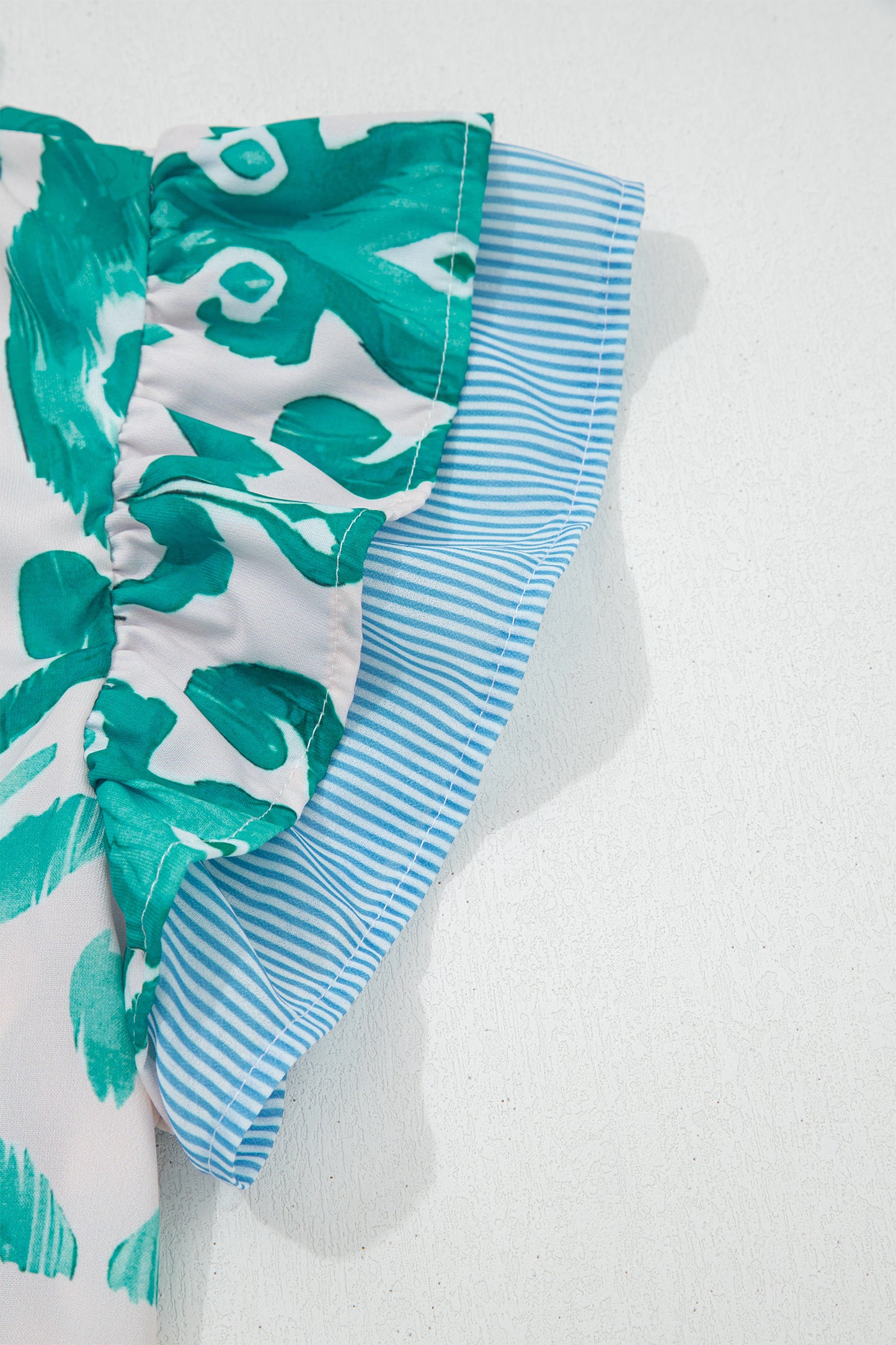 Sky Blue Ethnic Print Striped Trim Flutter Sleeve Top