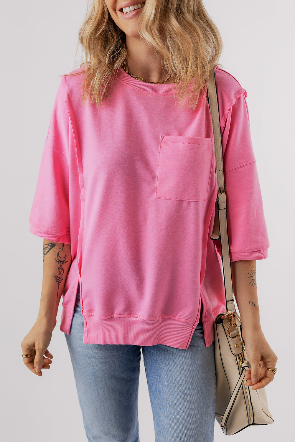 Exposed Seam Chest Pocket Split Loose T Shirt