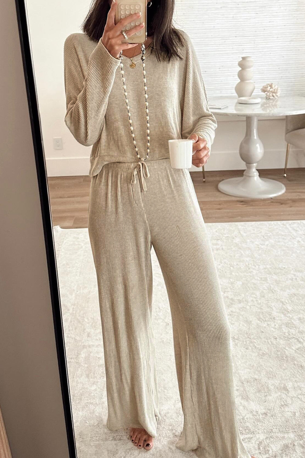 Jet Stream 3D Ribbed V Neck Pullover Drawstring Pants 2 Piece Lounge Set