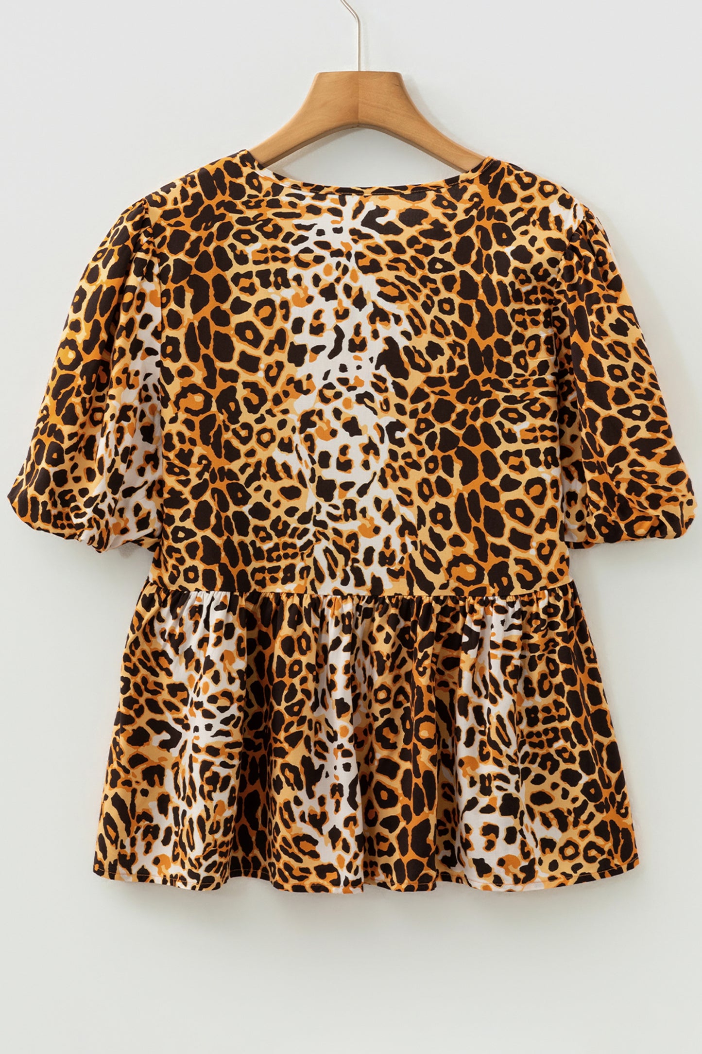 Leopard Print Short Puff Sleeve Slit Neck Babydoll Blouse